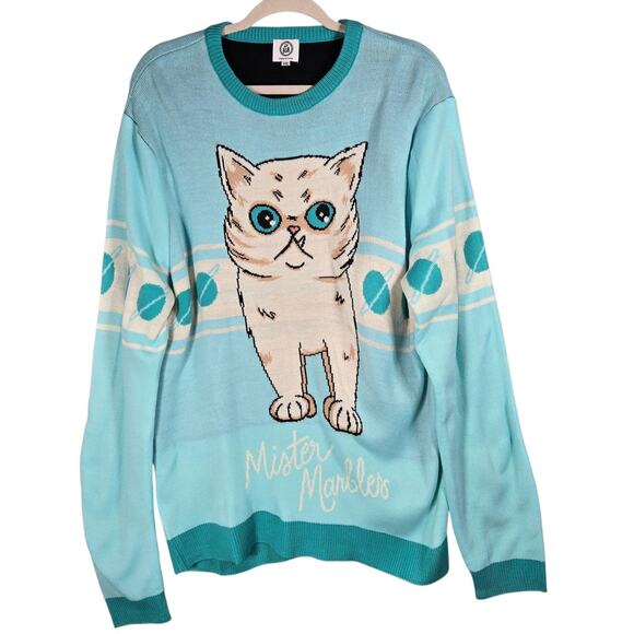 Lil Bub Sweaters - Lil Bub Mister Marbles Sweater Womens 3XL Blue Knit Space Cat Graphic Pullover